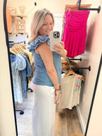 CHAMBRAY RUFFLE SLEEVE TOP