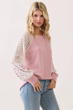 Crochet knit & floral contrast sleeve Pullover Top