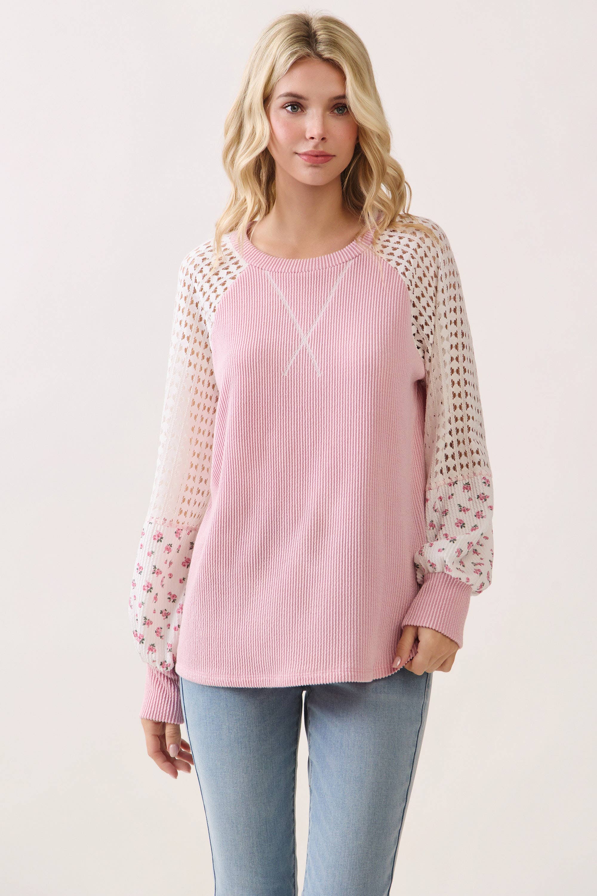 Crochet knit & floral contrast sleeve Pullover Top
