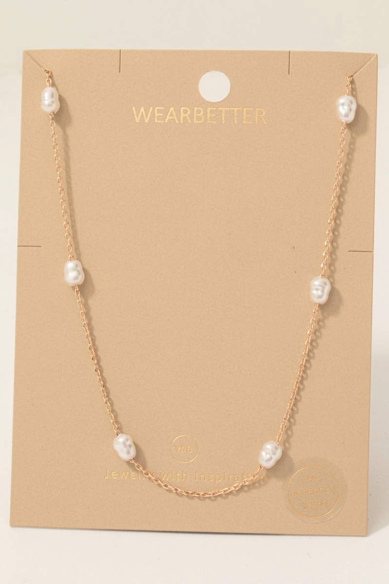 Gold Dipped Pearl Beads Station Chain Necklace