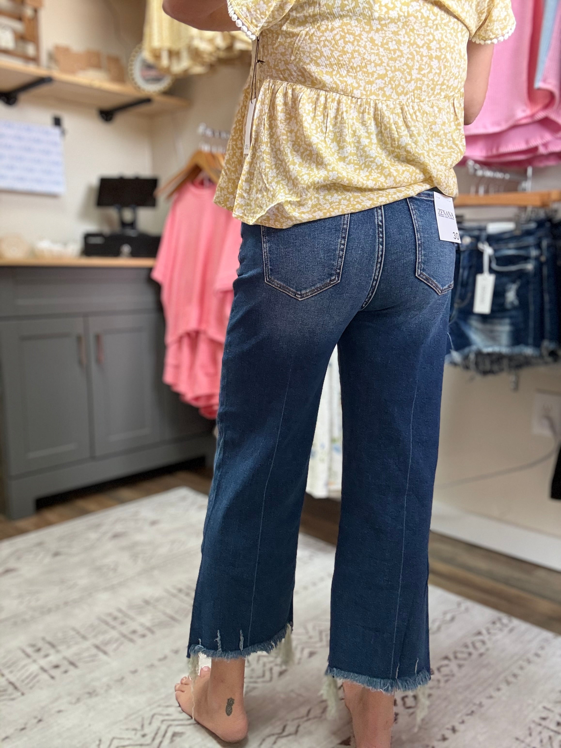 MID RISE STRAIGHT RAW HEM DENIM PANTS