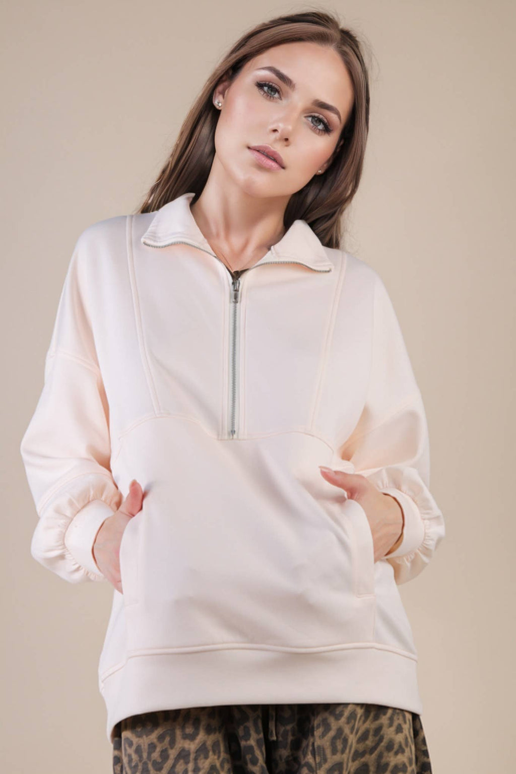 Half Zip UP Oversized Casual Comfy Knit Top