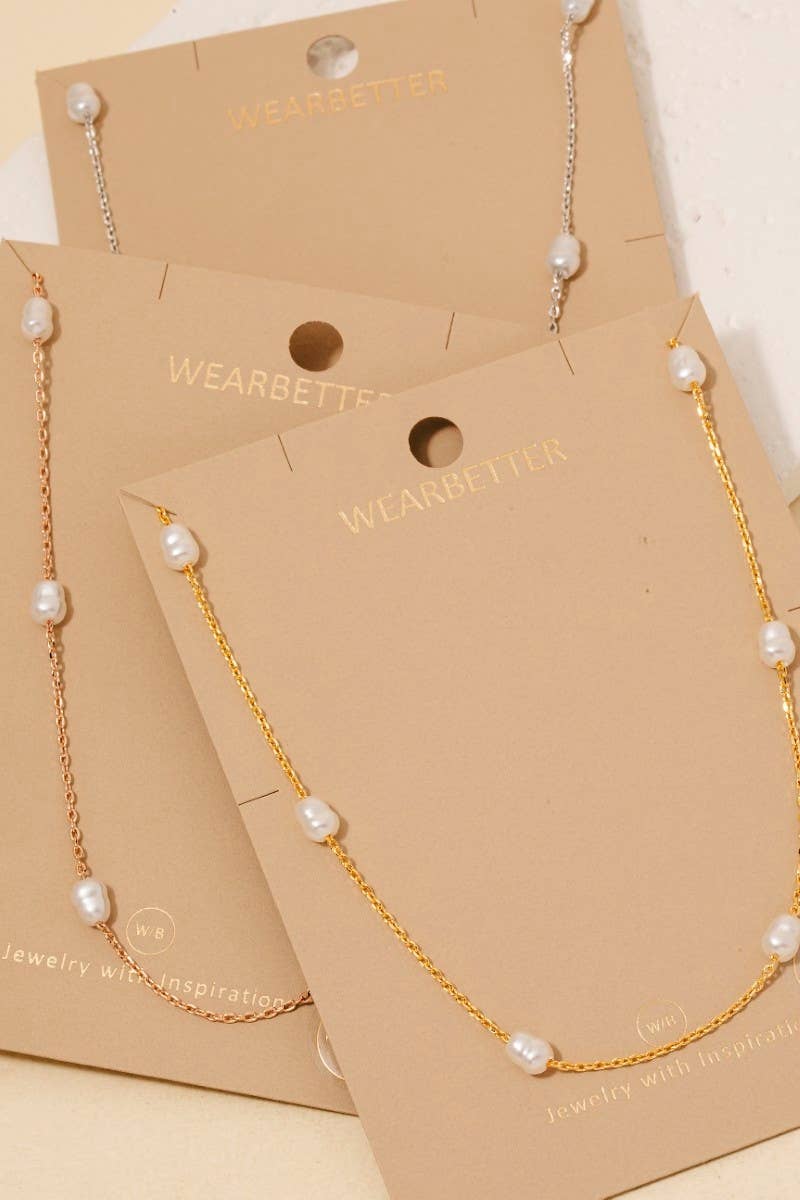 Gold Dipped Pearl Beads Station Chain Necklace