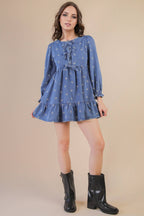 Soft Washed Denim Printed Casual Mini Dress