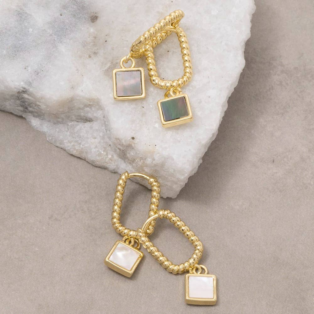 Mother Of Pearl Square Charm Oval Hoop Earrings