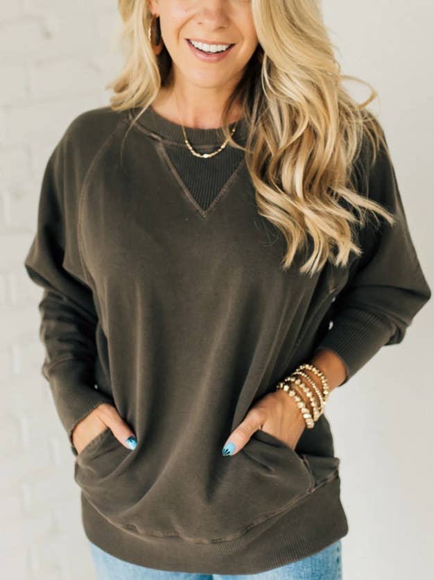 RIBBED POCKET PULLOVER LONG-SLEEVED LOOSE HOODIE