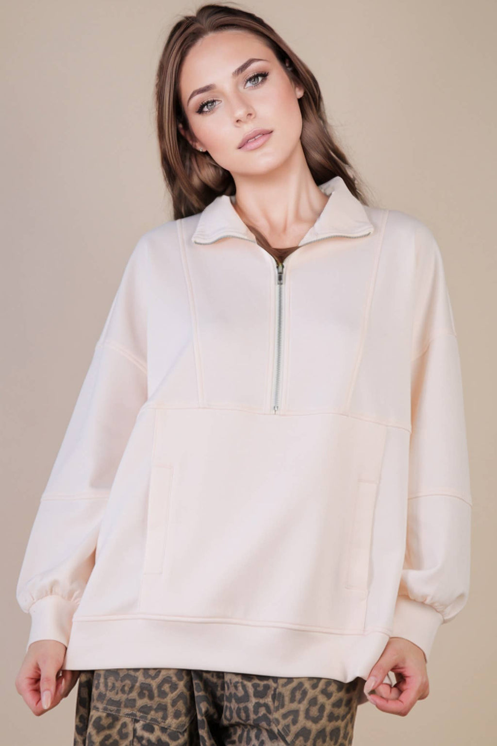 Half Zip UP Oversized Casual Comfy Knit Top