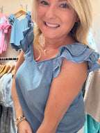 CHAMBRAY RUFFLE SLEEVE TOP