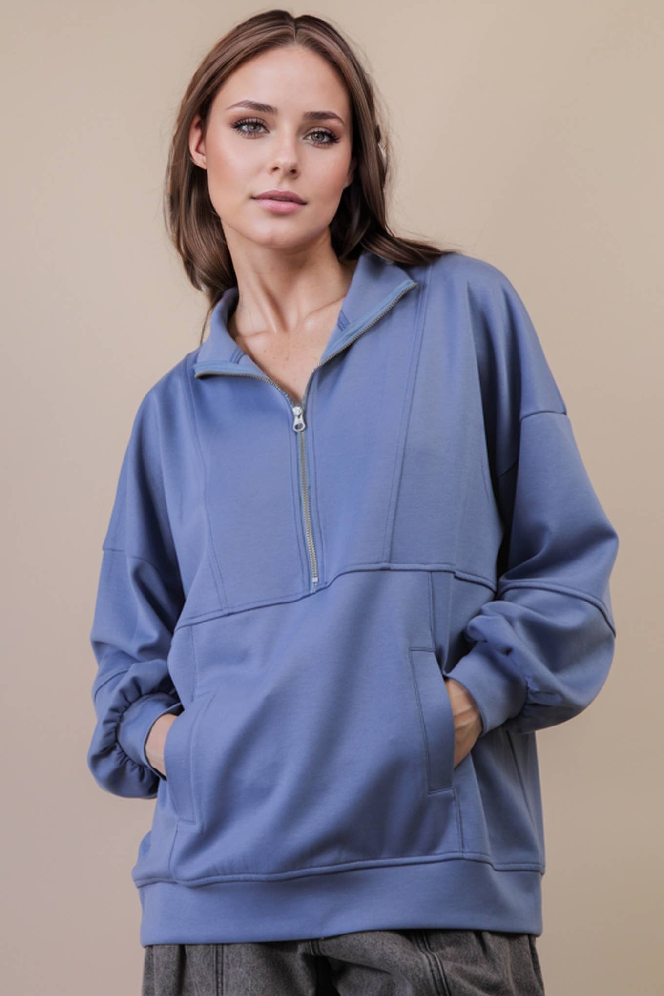 Half Zip UP Oversized Casual Comfy Knit Top