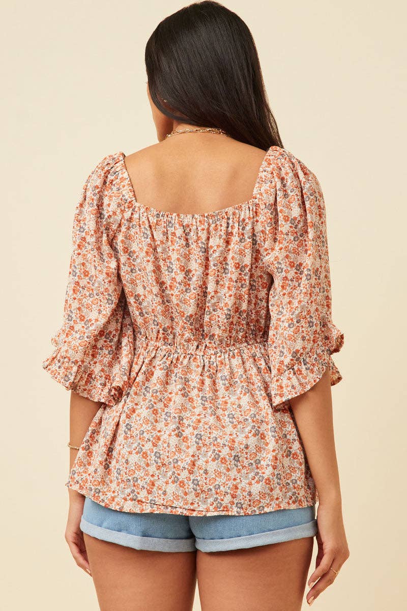 Floral Bell Sleeve Smocked Babydoll Top