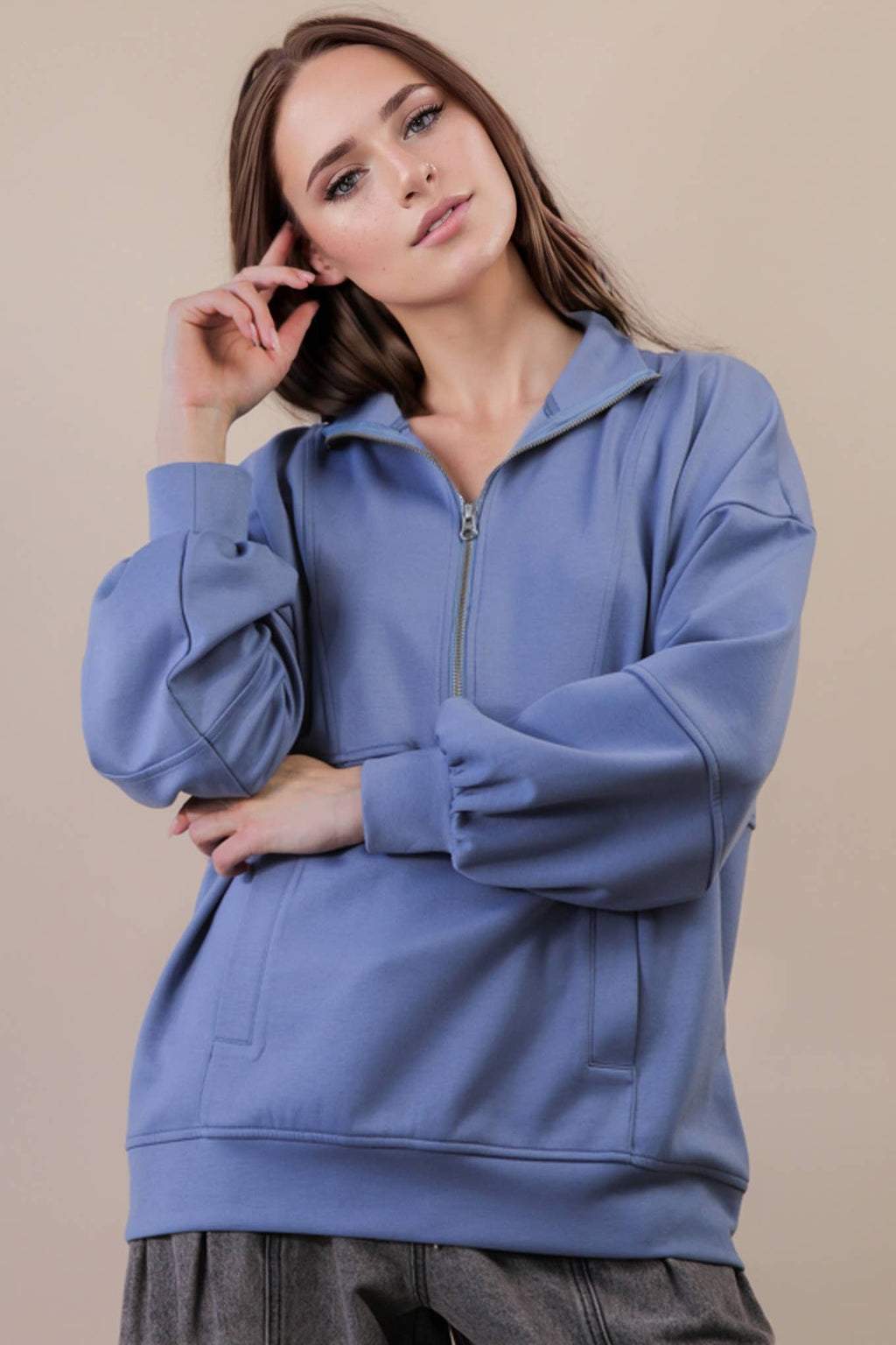Half Zip UP Oversized Casual Comfy Knit Top