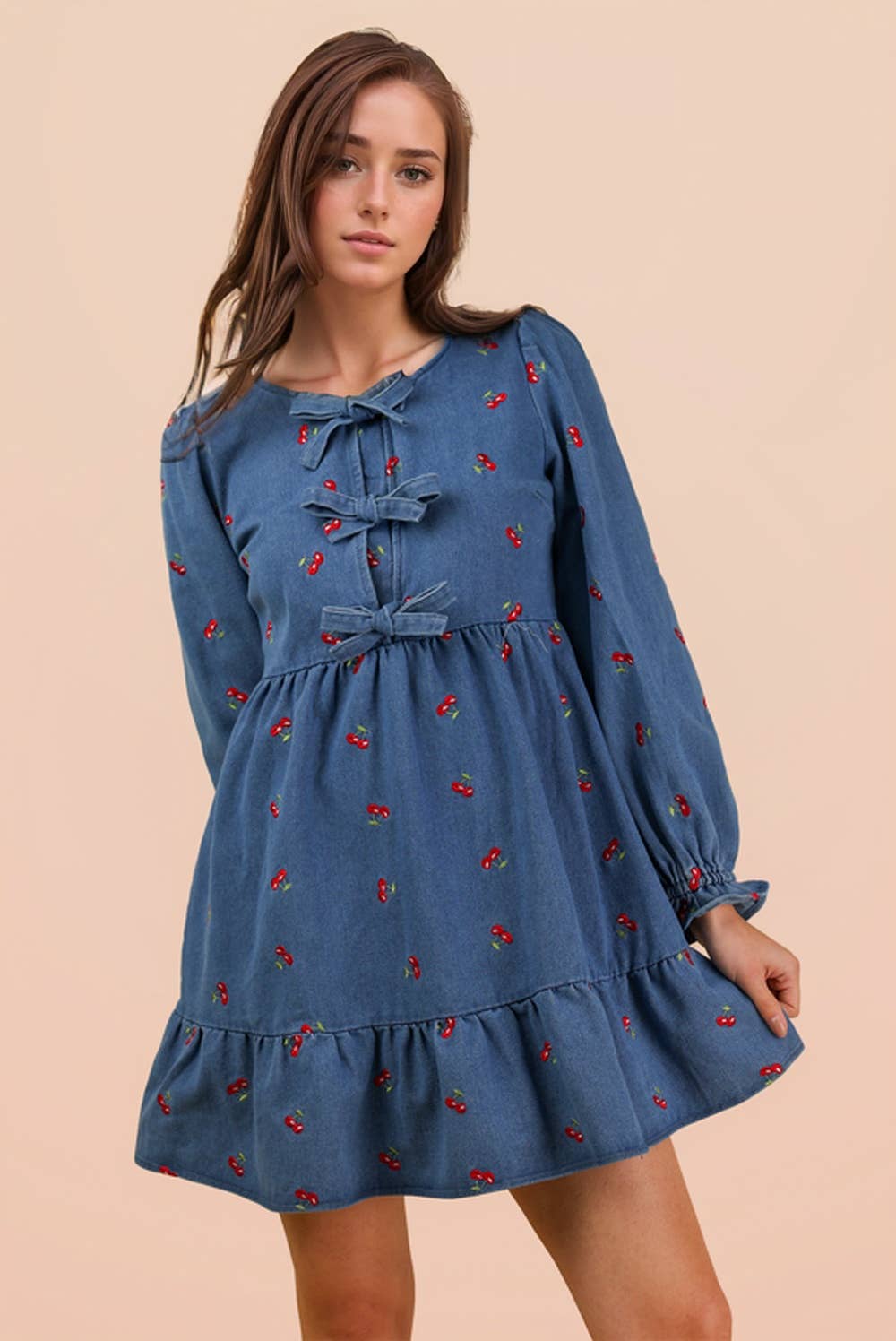 Soft Washed Denim Printed Casual Mini Dress