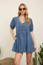 PLEATED FRONT TIE PUFF SLEEVE DENIM MINI DRESS