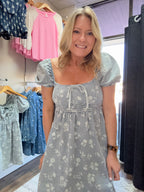 FLORAL WASHED DENIM SHORT PUFF SLEEVE MINI DRESS