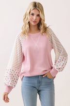 Crochet knit & floral contrast sleeve Pullover Top