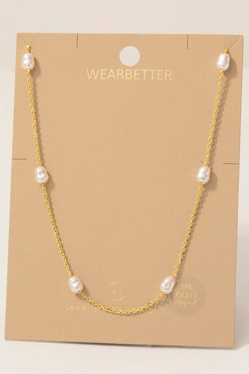 Gold Dipped Pearl Beads Station Chain Necklace