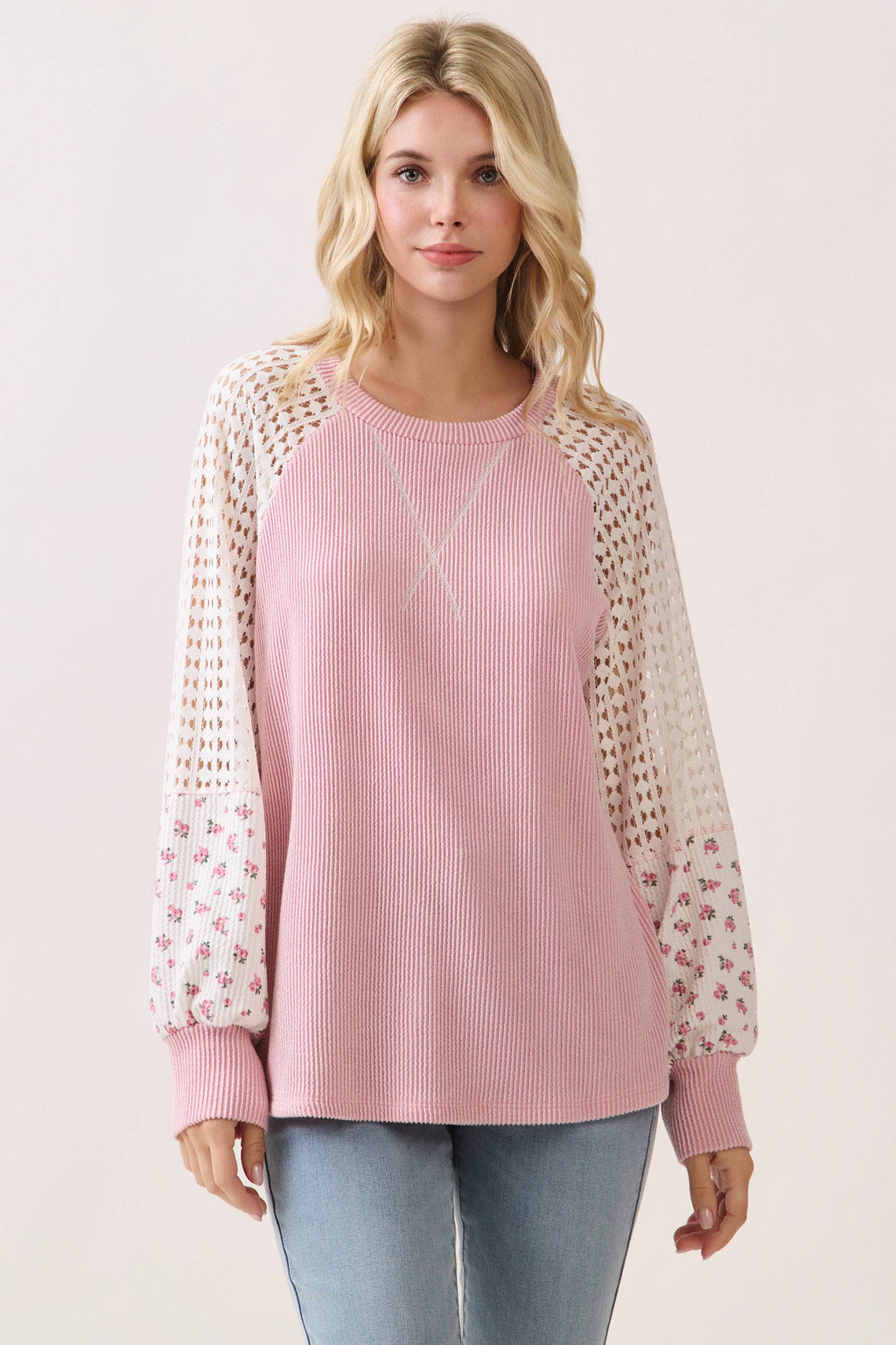 Crochet knit & floral contrast sleeve Pullover Top