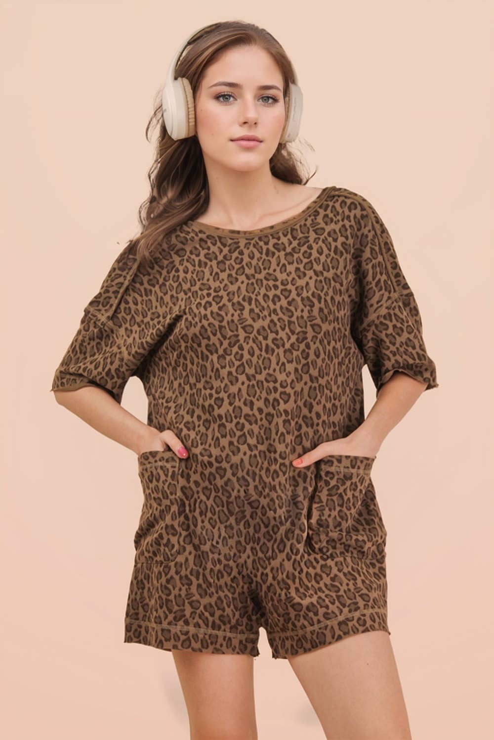 Leopard Printed Knit Comfy Romper