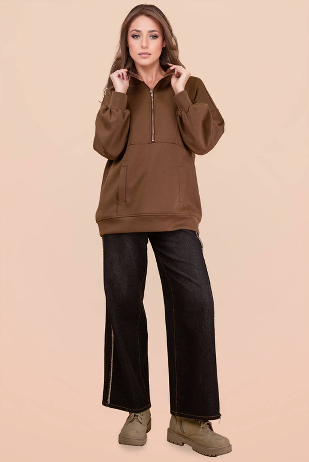 Half Zip UP Oversized Casual Comfy Knit Top